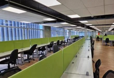 Piso de oficinas abierto con divisores verdes entre puestos de trabajo, sillas negras y piso de madera.